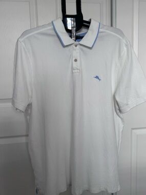 Tommy Bahama white Polo XL with blue Logo and collar trim